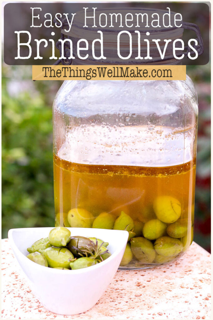 Brining olives is easy to do at home with simple ingredients. It is a delicious, natural way to enjoy fresh olives and store them for later. Learn how to salt cure and flavor your olives and preserve them. #thethingswellmake #olives #fermenting #saltcured #ferments #miy