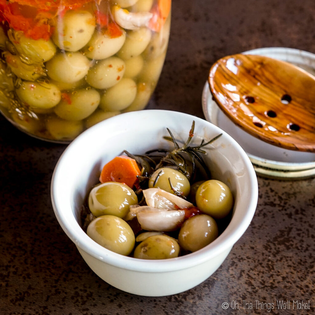 Lye cured olives in a bowl