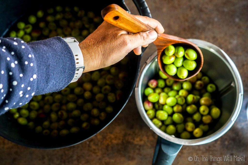 Adding green olives to a food processor