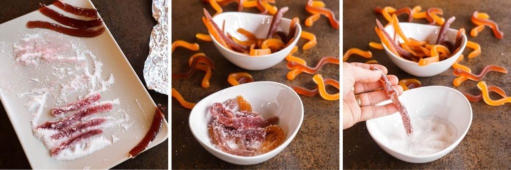 Three-photo collage showing homemade sour gummy worms being coated in a sugar and citric acid mixture, with red and orange gummy worms in bowls and a hand holding a sugar-coated gummy worm.