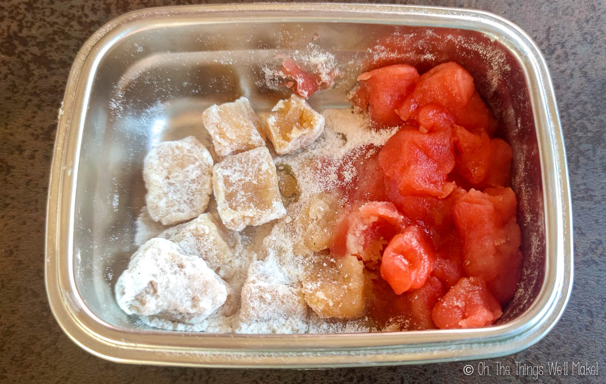 Two types of old Turkish delight in a metal container 