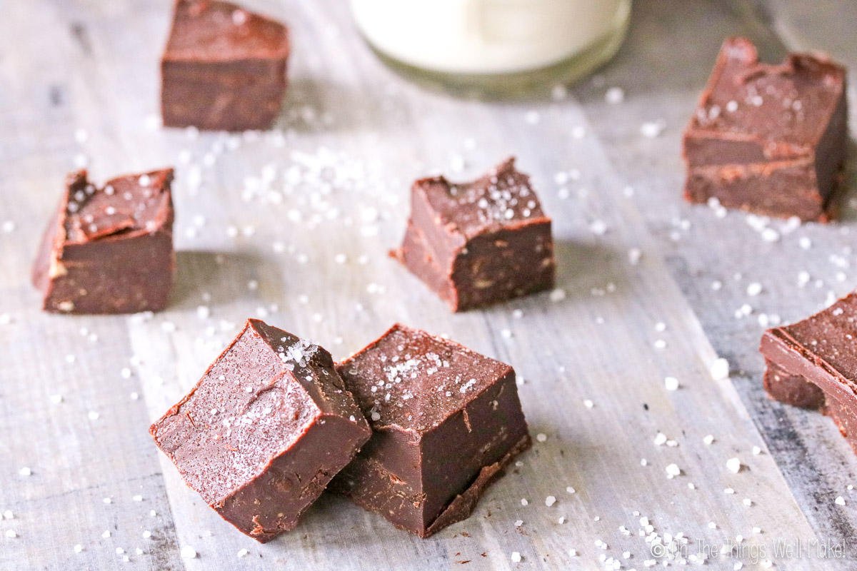 Squares of mint chocolate fudge sprinkled with salt