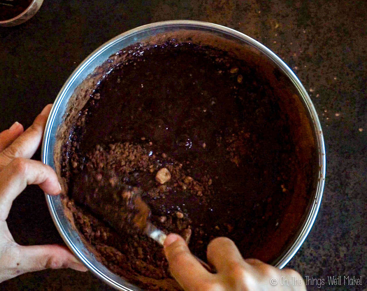 stirring the mint chocolate fudge mixture
