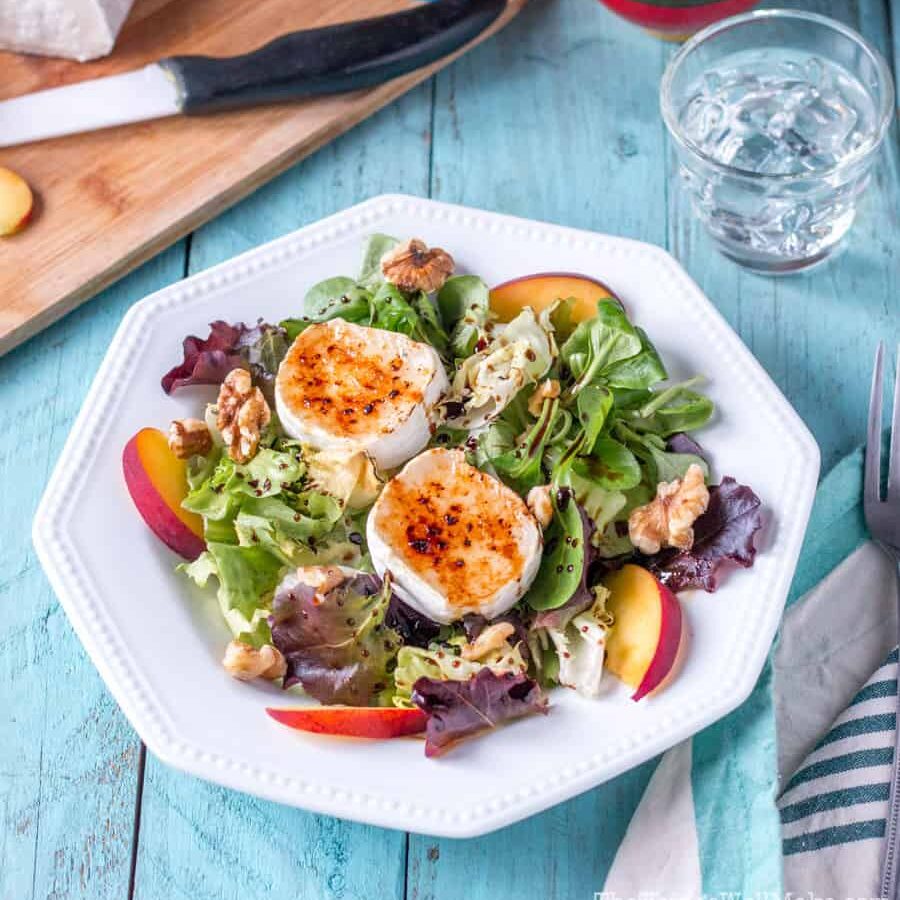 This easy, caramelized goat cheese salad with walnuts is elegant enough for festive get togethers, yet simple enough to make as an every day meal or side.