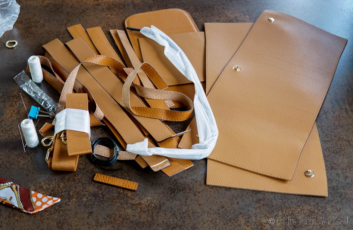 Materials from a DIY leather bag kit