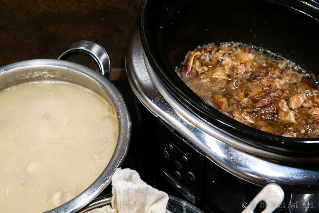 Beef fat in a pot and in a slow cooker being rendered into tallow