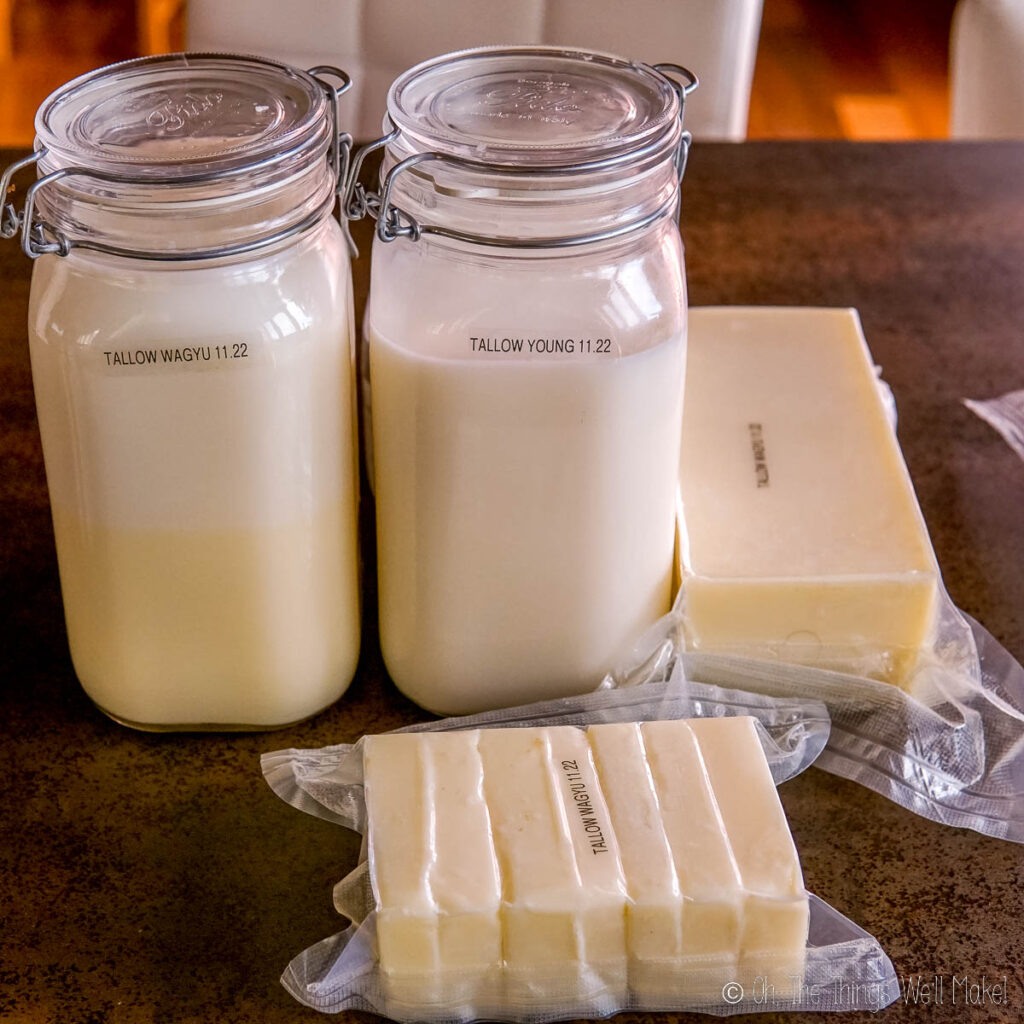 Several jars and blocks of beef tallow