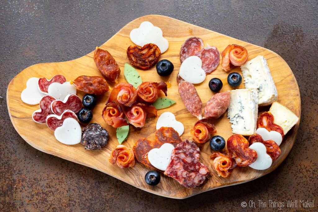 overhead view of a valentines charcuterie board entire board