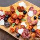 closeup overhead view of a valentines charcuterie board