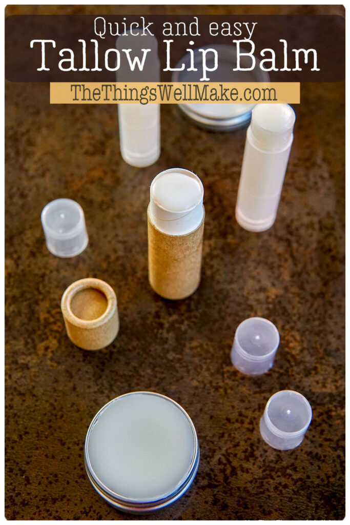 Protect your lips with this glide-on tallow lip balm made with only two inexpensive ingredients. This frugal recipe is quick and easy and is super nourishing. #tallow #lipbalm #homemadecosmetics #homemadeskincare