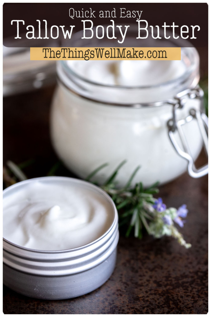 This luxurious feeling, velvety whipped tallow balm deeply nourishes and softens the skin. It's a quick and easy tallow body butter recipe that can be used for so much more! Packed with essential fatty acids and vitamins, it soothes and strengthens your skin's barrier and promotes a healthy complexion. Or use it on your hair! #tallowbodybutter #tallowbalm #hairbutter