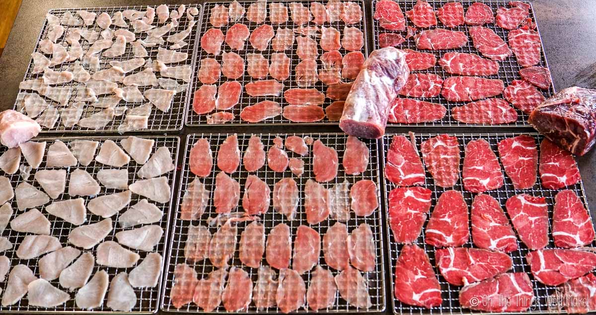 Turkey, pork loin, and beef slices on dehydrator trays