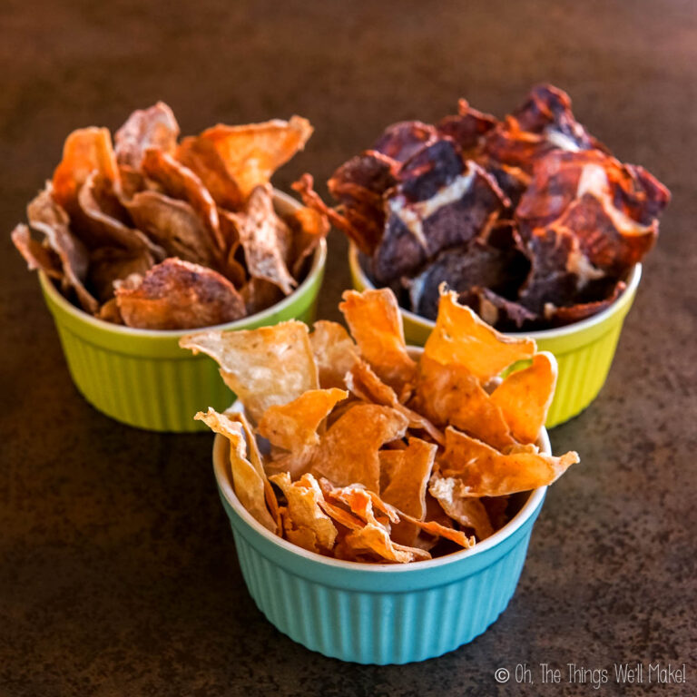 turkey, pork, and beef meat chips in colorful bowls