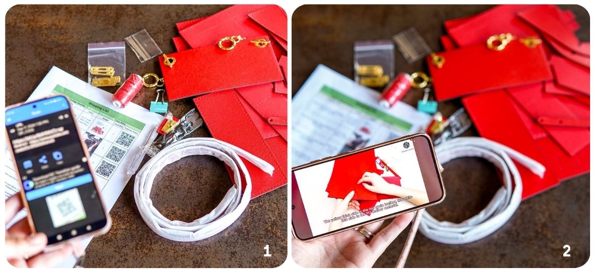 Two images show a phone scanning a QR code linked to a crafting video. Red fabric pieces, thread, and gold hooks accompany printed instructions on a table.
