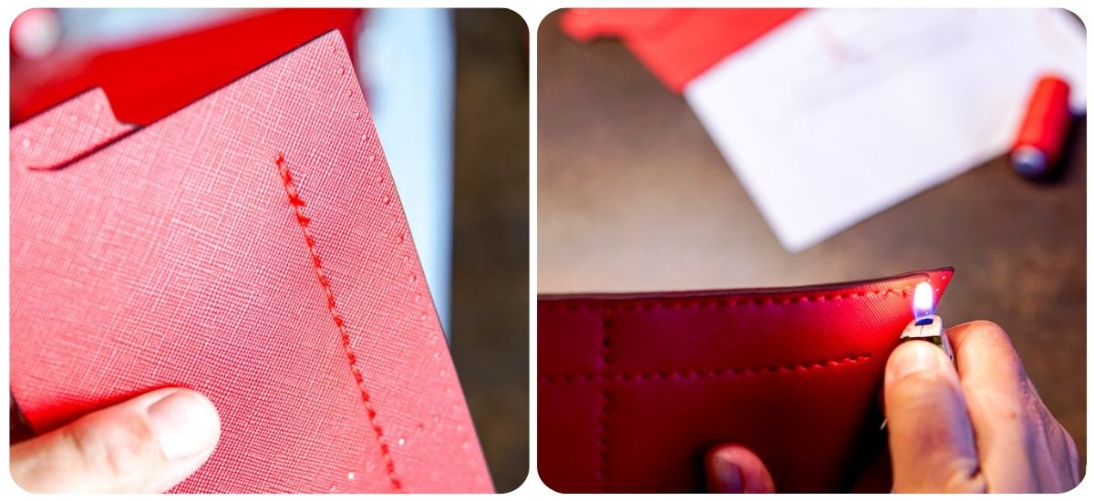 A close-up shows hands holding a red leather piece with loose thread on the left, while a flame is applied to the edge on the right to burn off the loose threads.