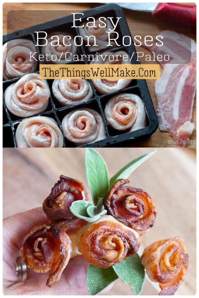 Bacon roses crafted from strips rolled into rose shapes in a muffin tray. These stunning bacon creations, held together with herbs, are perfect for keto, carnivore, or paleo diets. Text overlay highlights the allure of these savory bacon roses for low-carb lifestyles.