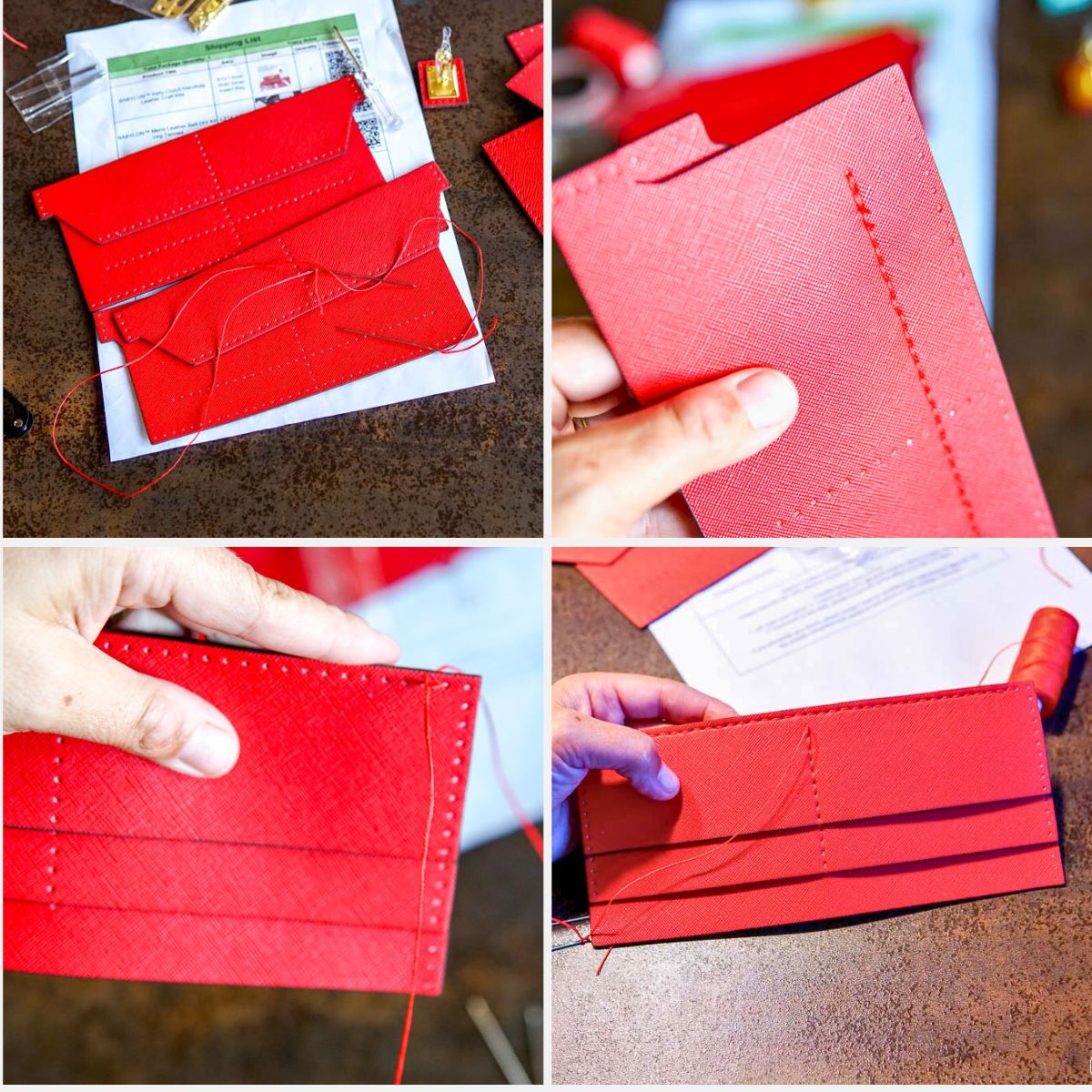 Four images demonstrate sewing together the card slot section of the clutch.