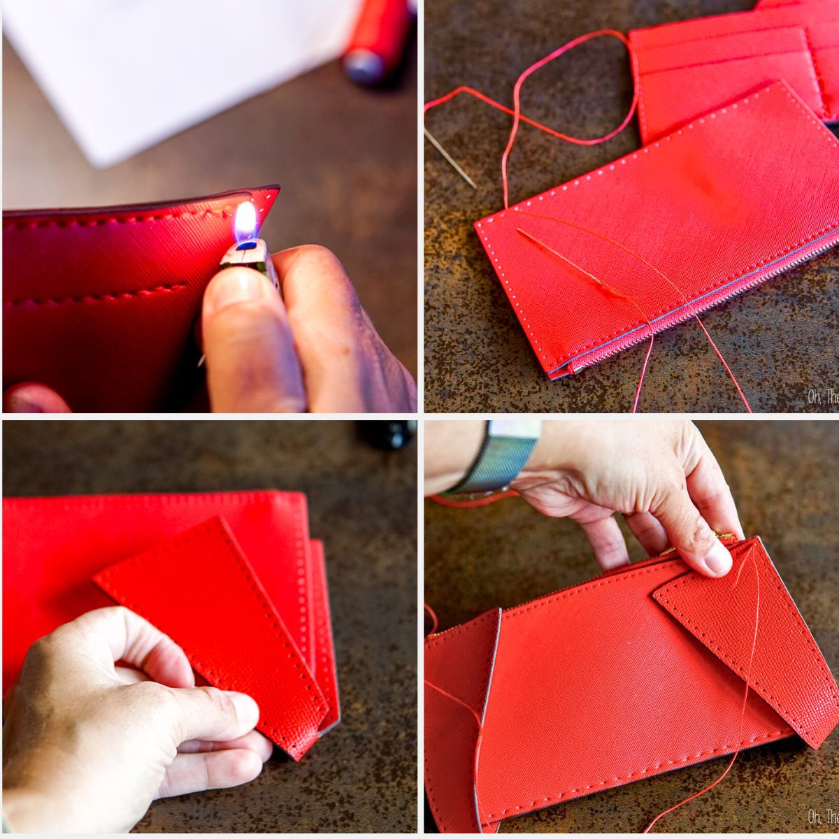 4 photo collage showing how to burn the ends of the thread, sew up the center section, and sew the side pieces onto the center section.