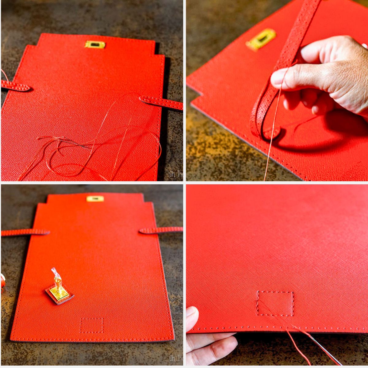 4 photo collage showing how to sew the straps and the center post onto the main body of the purse.