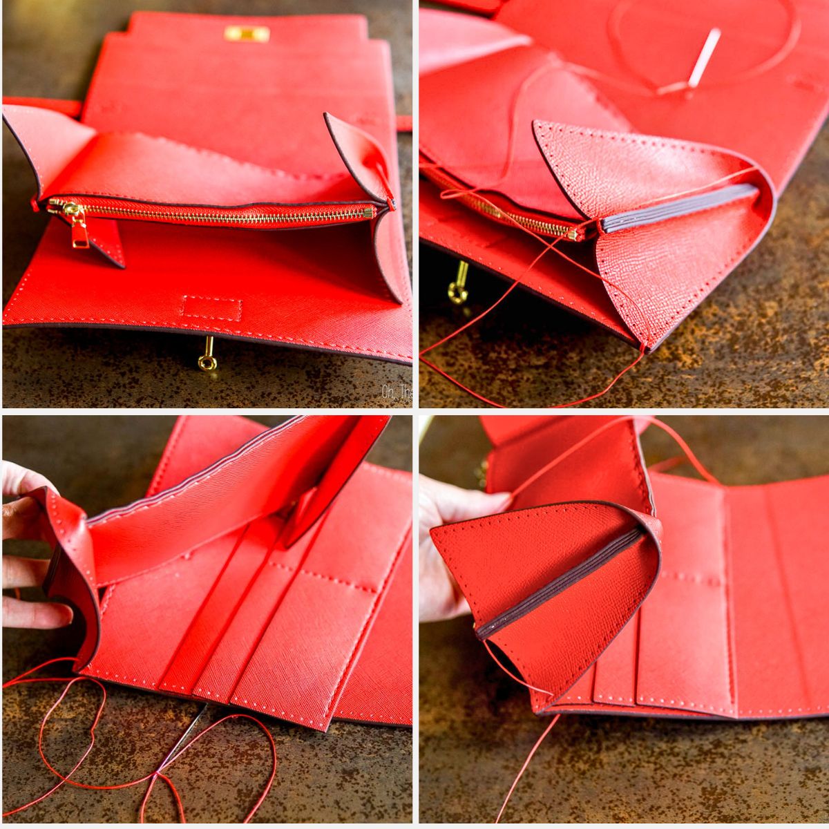 4 photo collage showing how to sew the main pieces together, fitting in the card slots between the center and main sections.