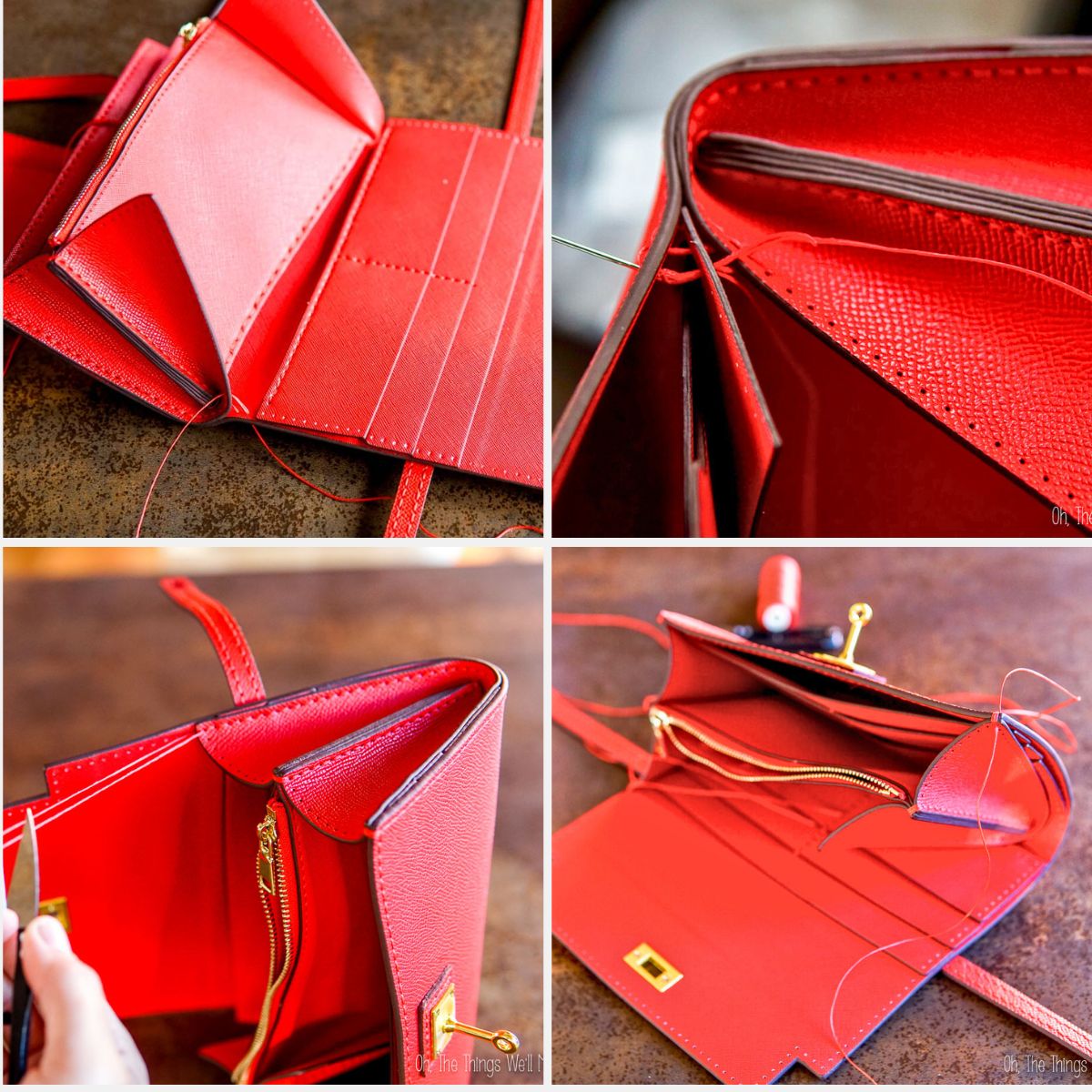 4 photo collage showing closeups of how to finish sewing the purse together.