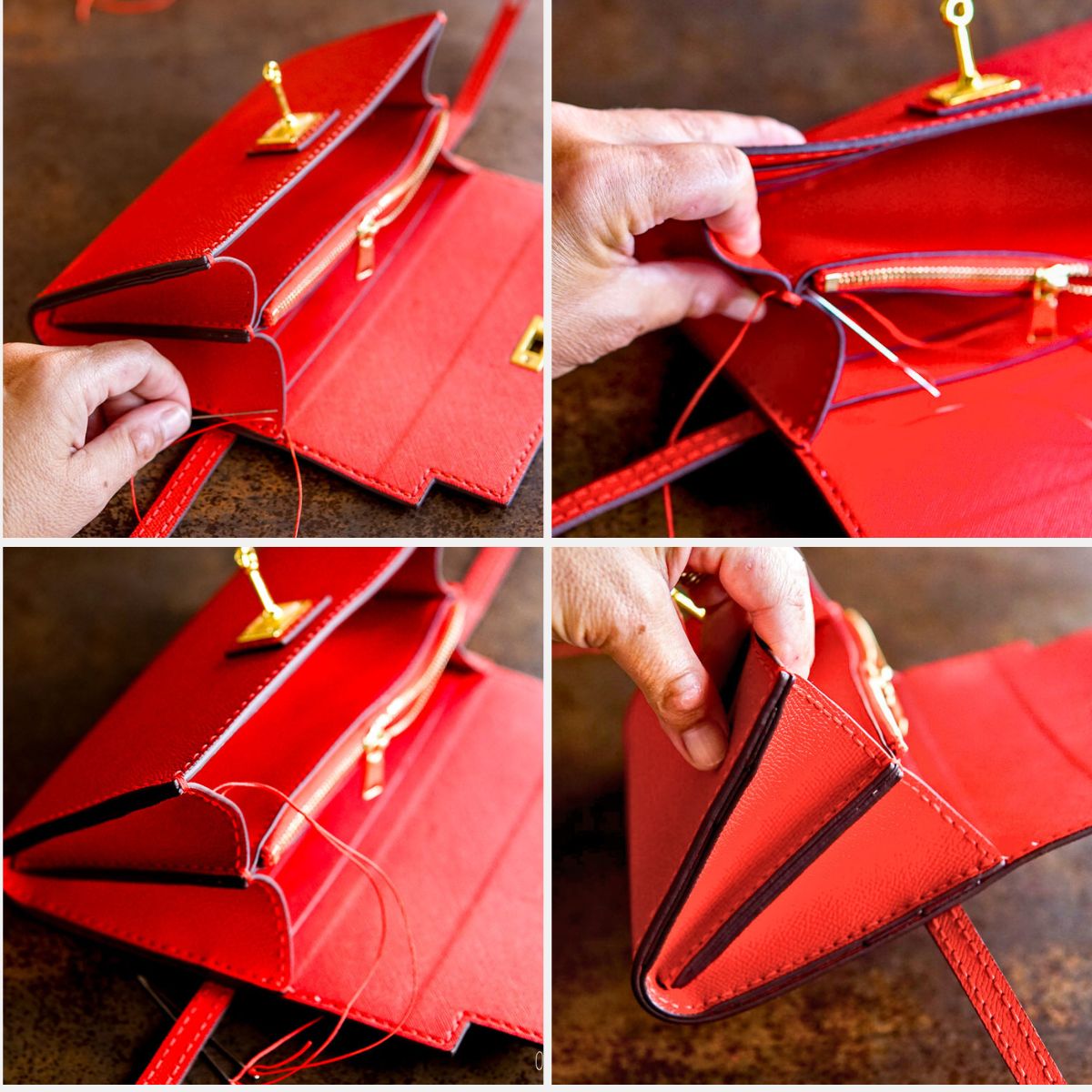 4 photo collage showing how to sew across the side panels of the purse.