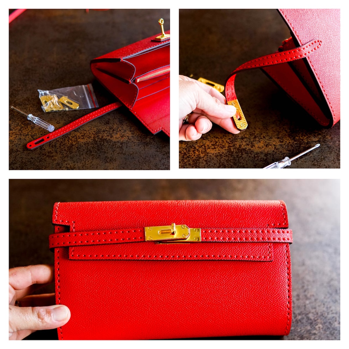 3 photo collage showing how to screw the hardware in place, and showing the finished, closed Kelly clutch.