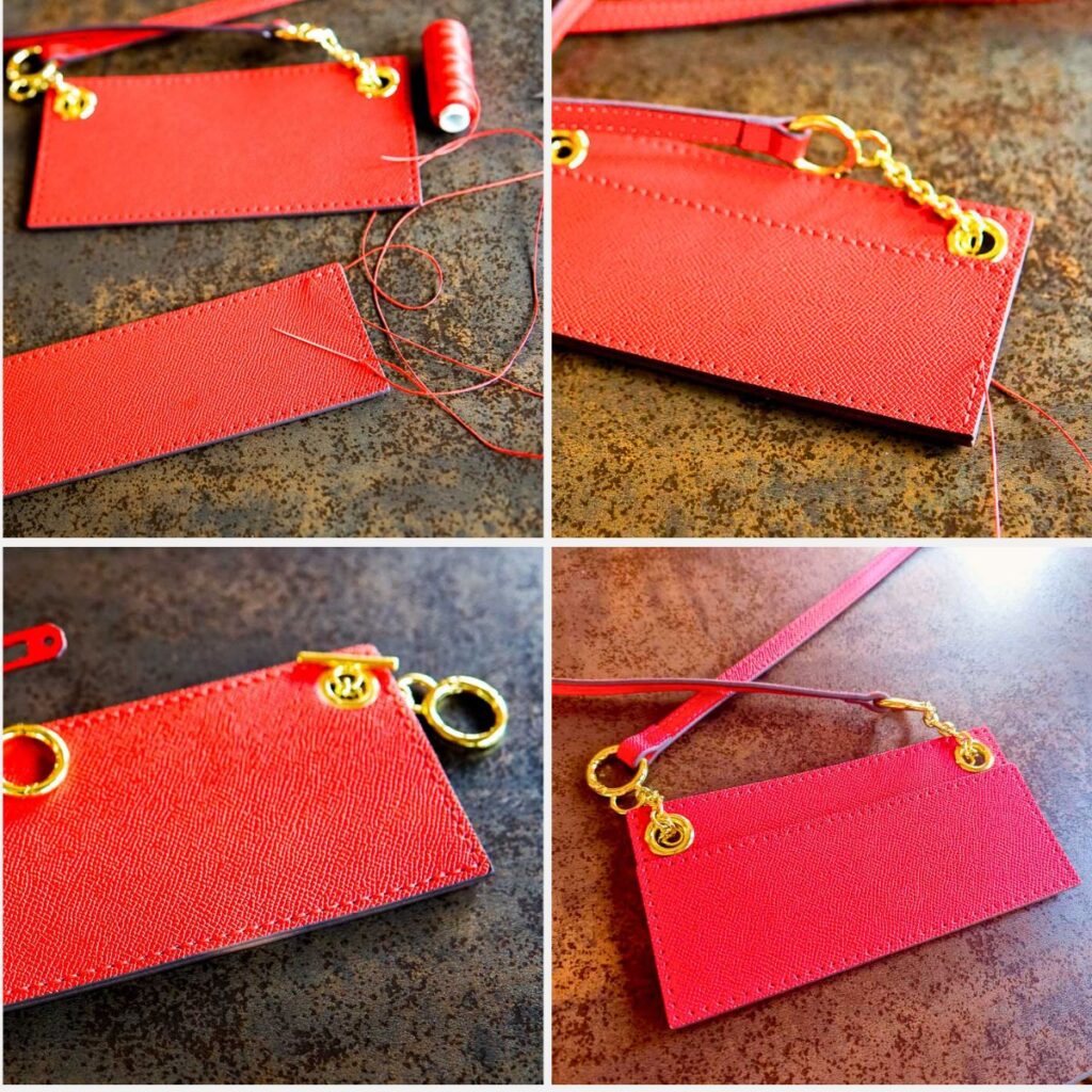 4 photo collage showing how to sew the optional strap piece for using with the Kelly clutch.