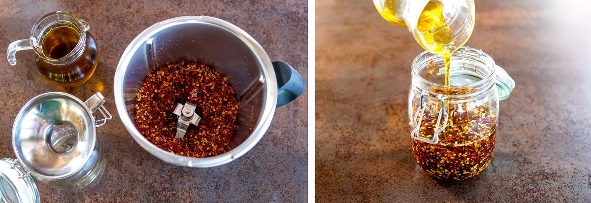 Collage of two photos: on the left, the chili peppers ground in a food processor; on the right, oil being poured over the ground chili peppers in a jar.