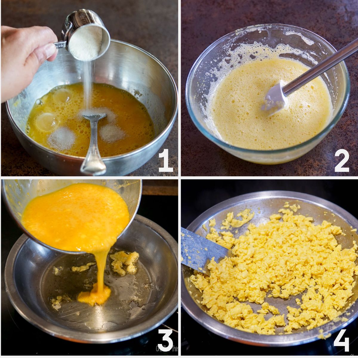 Collage showing how to make carnivore rice
1. Add gelatin to eggs.
2. Whisk the mixture.
3. Cook in a pan.
4.Break up into tiny pieces.