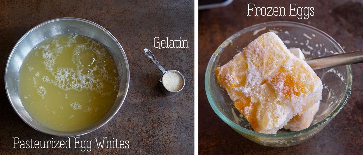 A metal bowl of pasteurized egg whites and a measuring cup of gelatin on the left; a glass bowl with frozen eggs—on the right. Labels identify each item.
