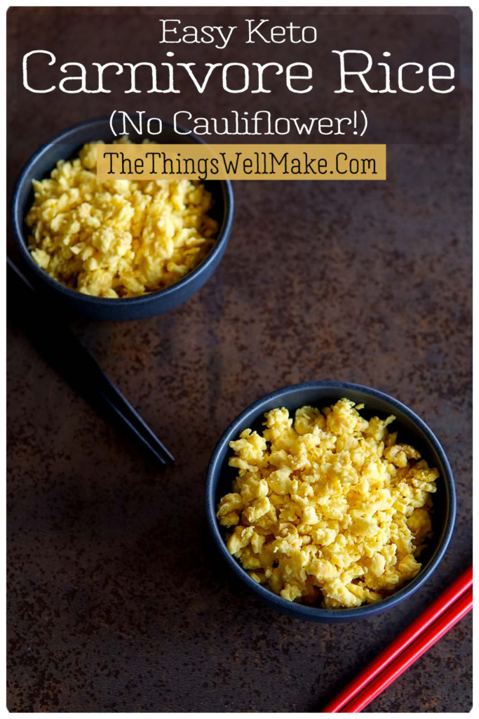 Two black bowls filled with yellow carnivore rice sit on a dark surface, with red and black chopsticks placed beside them. Text overlay reads, “Easy Keto Carnivore Rice (No Cauliflower!).”.