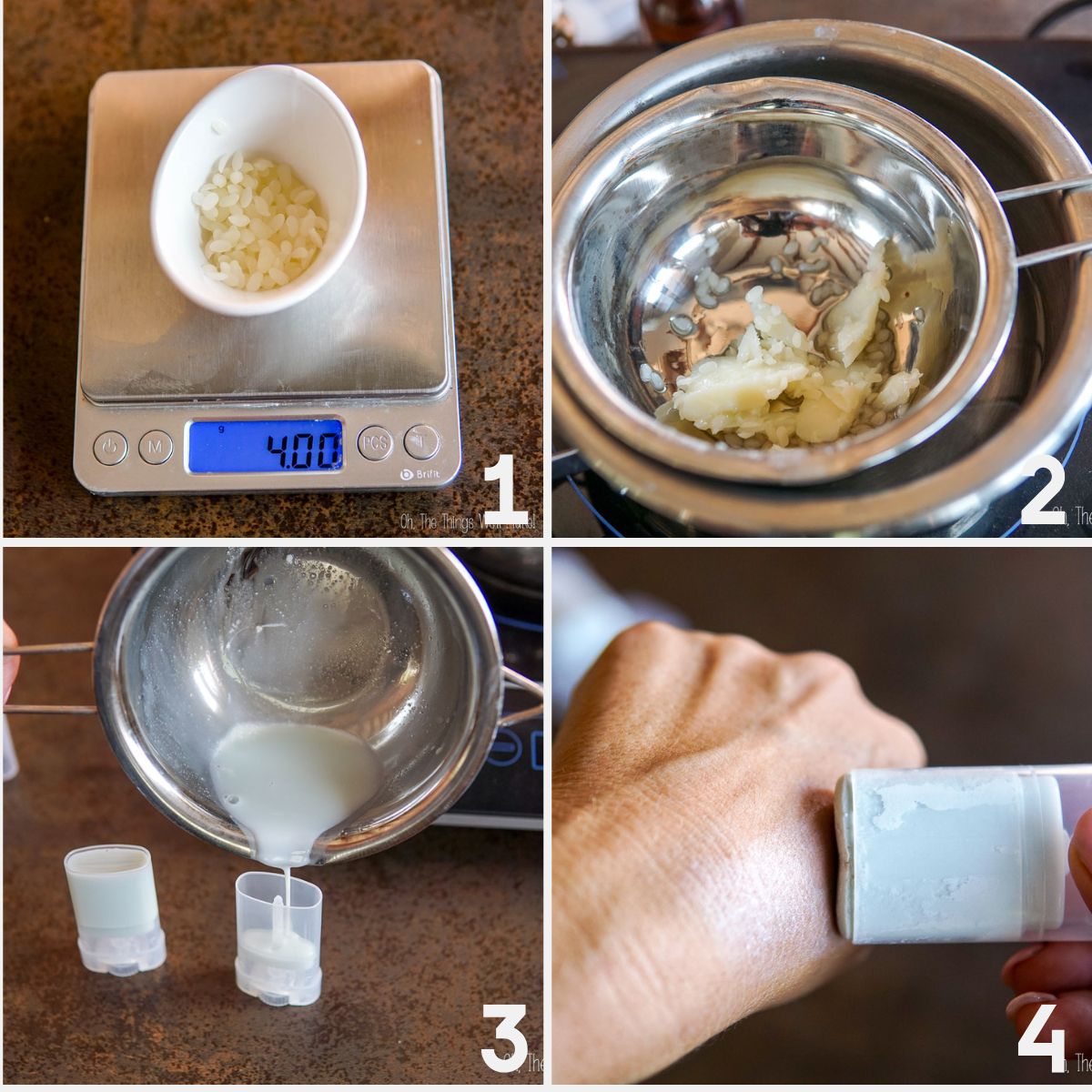Step-by-step process of making a homemade zinc oxide stick: weighing ingredients, melting in a double boiler, pouring into containers, and applying to skin.