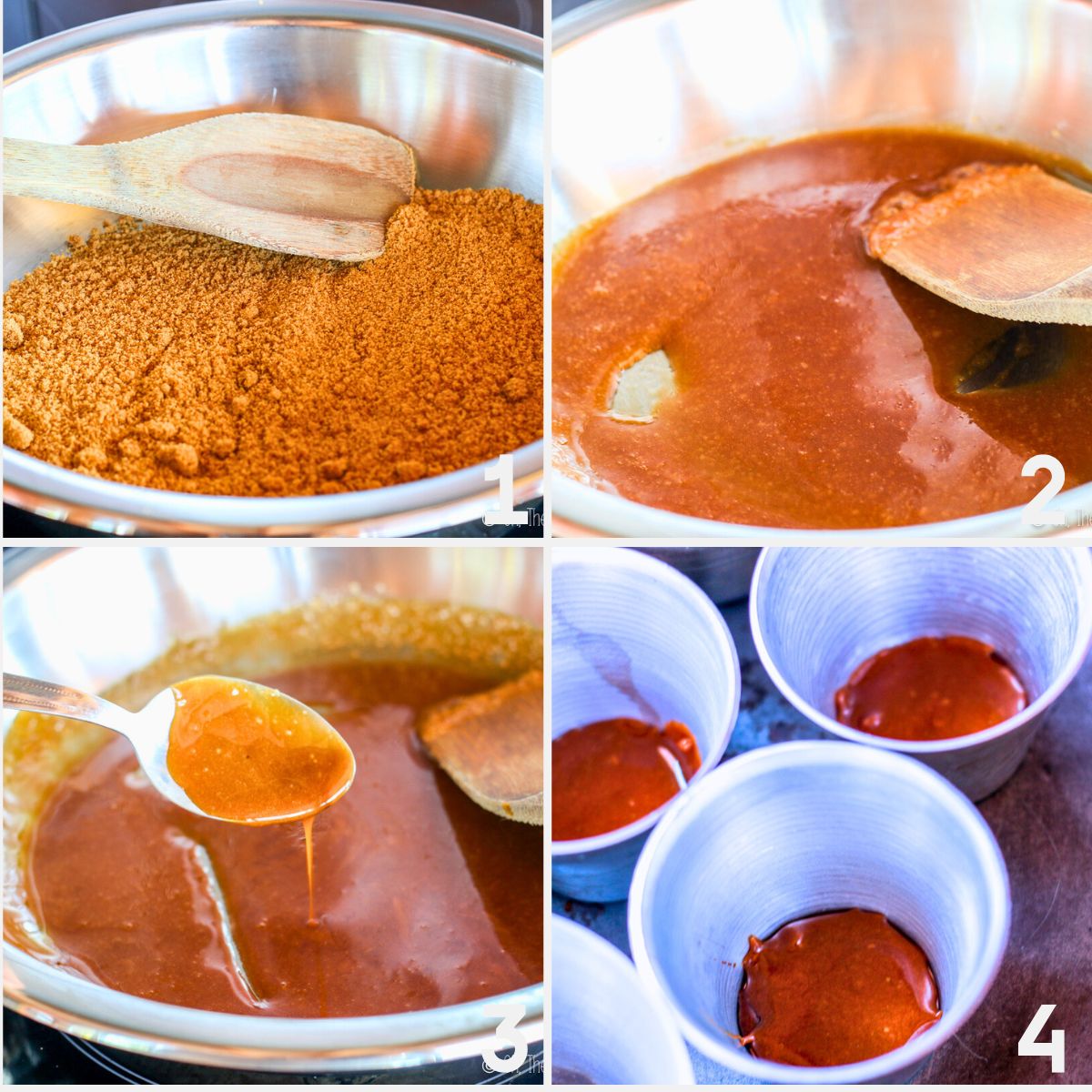 Four-step process of making caramel for a coconut flan recipe: browning sugar in a pan, melting it into liquid, checking consistency with a spoon, and pouring caramel into small metal molds.