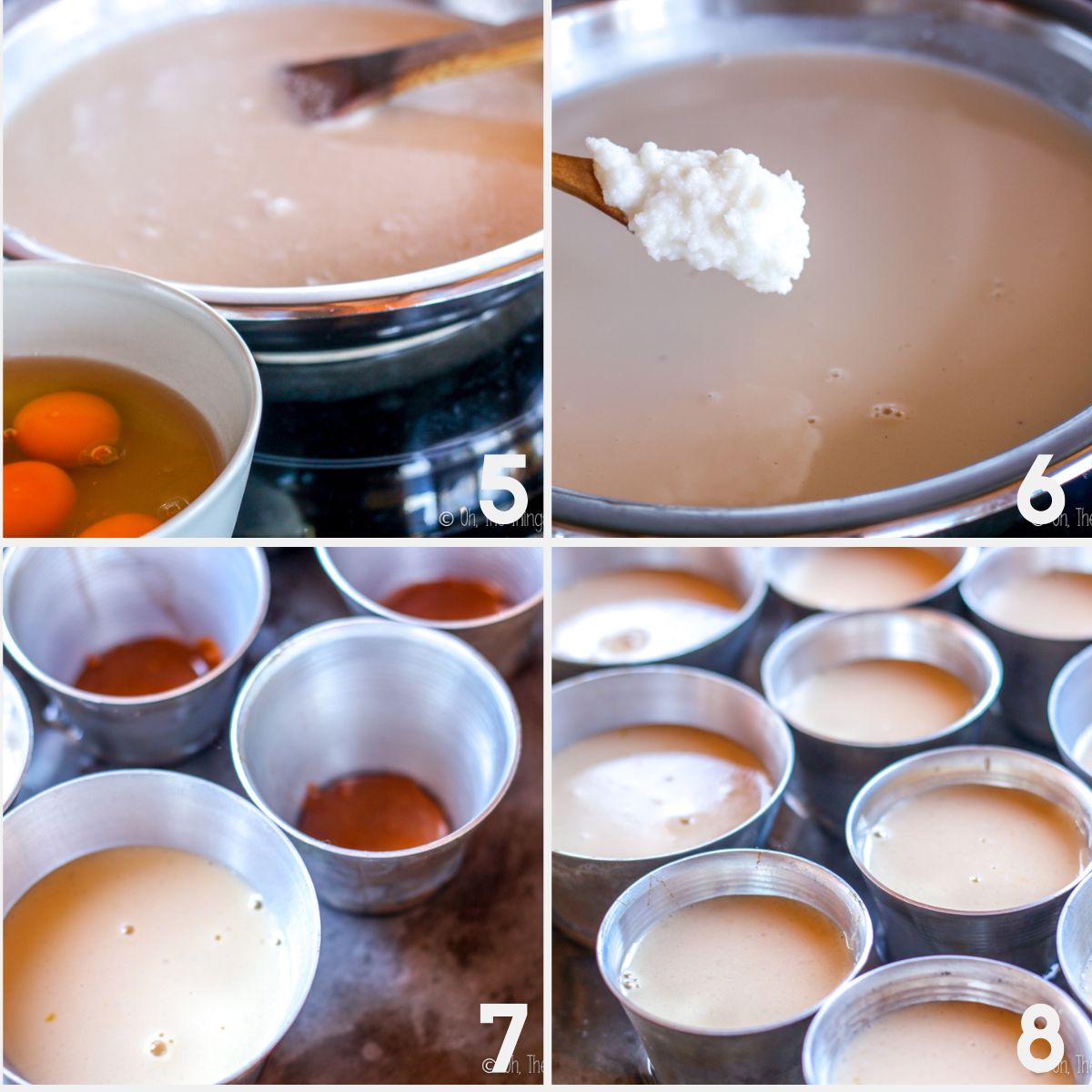 Step-by-step images show making a coconut flan: heating milk mixture, adding coconut butter, mixing eggs, and pouring the mixture into small metal molds for baking.