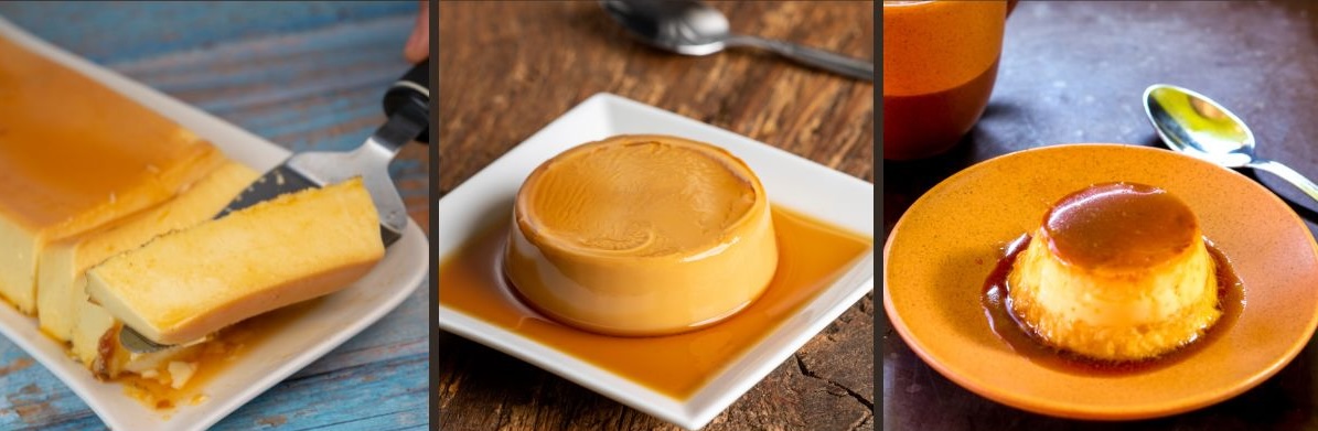 Three flans baked in different molds: a loaf pan flan on the left, a round pan flan in the center, and individual custard cup flan on the right, showing how mold shape affects appearance and caramel coverage.