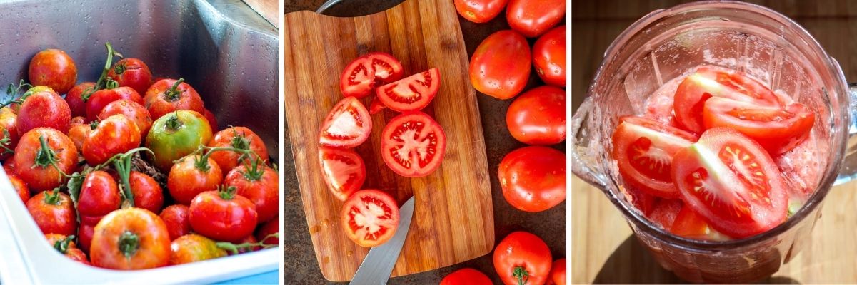 Three images: fresh tomatoes in a sink, tomatoes being sliced on a cutting board with a knife, and sliced tomatoes in a blender, perfect steps for making homemade tomato paste.