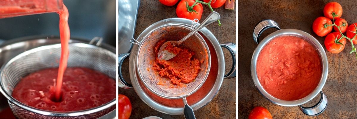 Three images show the process of making tomato sauce: pouring blended tomatoes through a strainer, straining pulp, and simmering the finished sauce in a pot, with fresh tomatoes and tomato paste nearby.