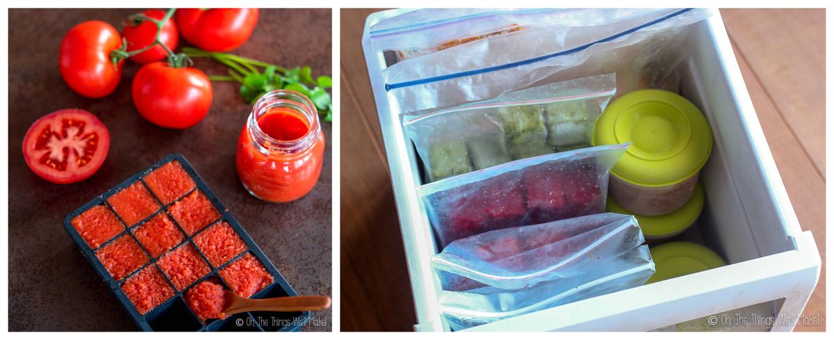 Fresh tomatoes and tomato paste prepared in cubes in an ice tray, alongside a freezer drawer filled with bags and containers of frozen food items.