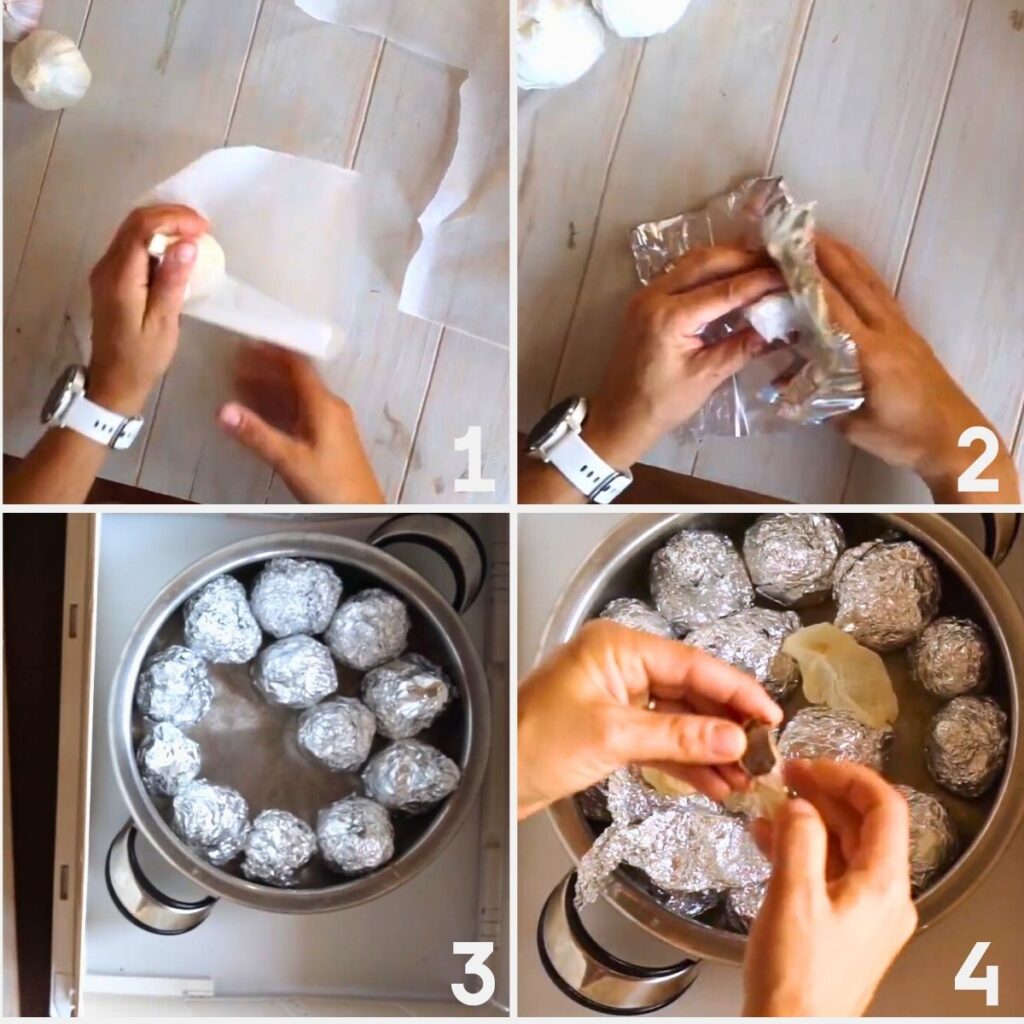 Step-by-step process of wrapping food with black garlic in parchment and foil, placing the wrapped items in a pot, and unwrapping one after cooking.