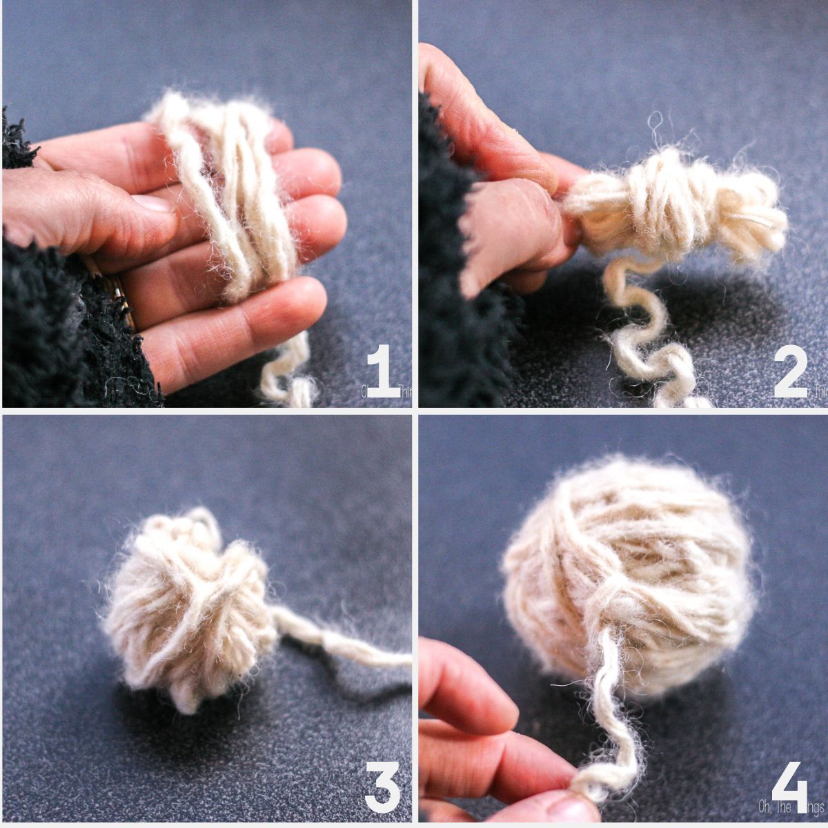 A step-by-step process of winding beige yarn into a ball, for making diy wool dryer balls, shown in four numbered images from hand wrapping to a finished yarn ball.