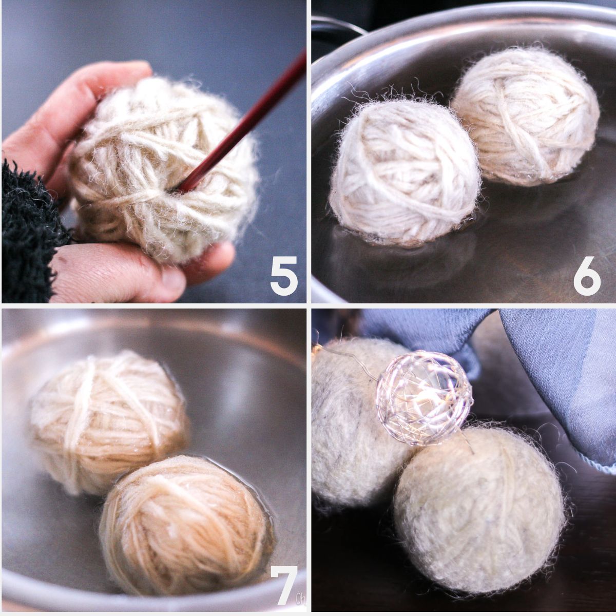 Four-step diy wool dryer balls process: using a crochet hook to tuck in the loose end of the yarn into the ball, soak it in water, boil in a pot, and reveal finished wool dryer balls.