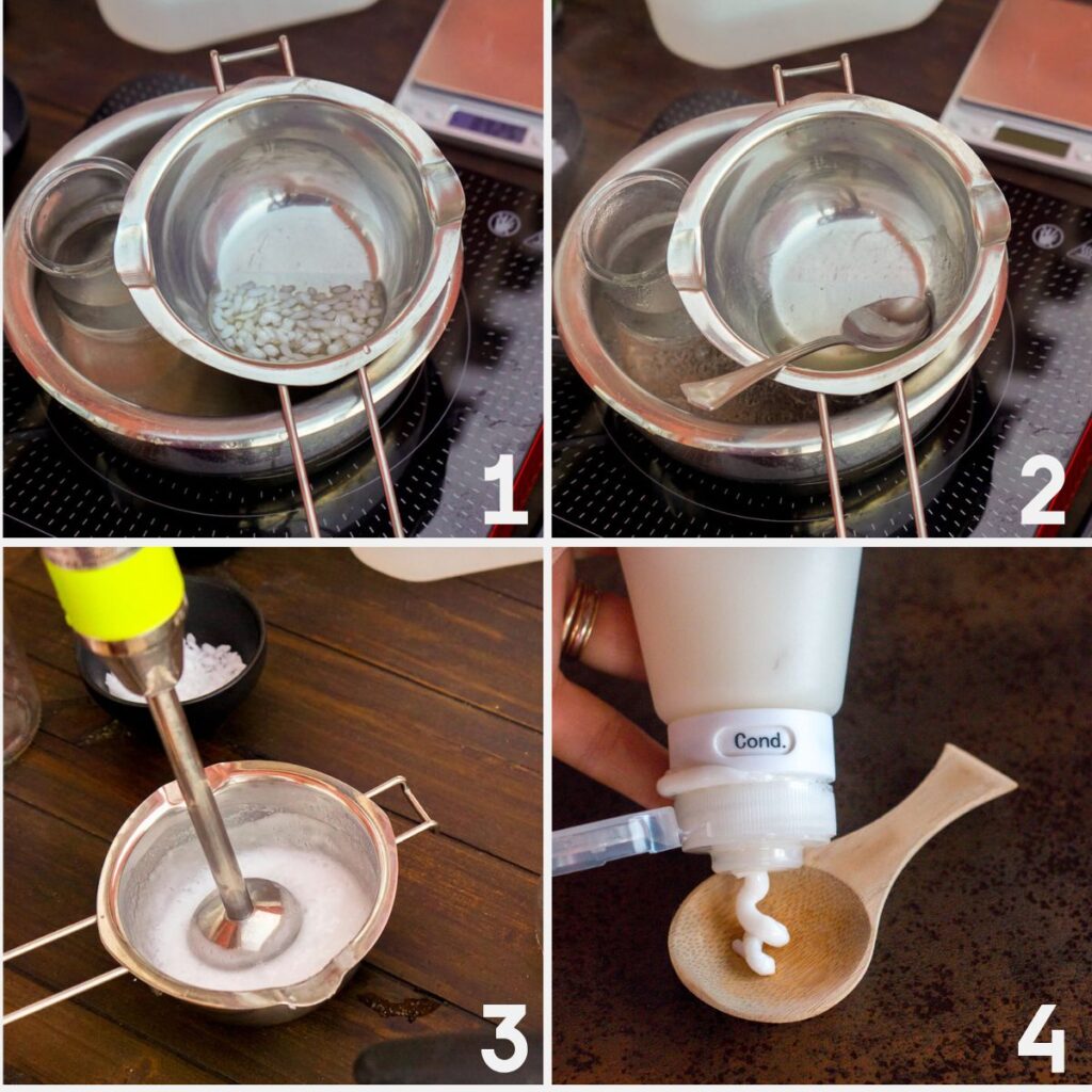 A four-step process of making DIY hair conditioner for natural hair: melting ingredients, mixing, blending with a hand mixer, and dispensing the finished product onto a spoon.