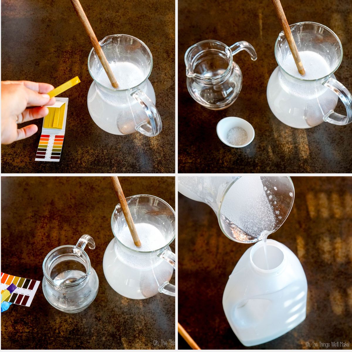 Testing and adjusting the pH of homemade liquid laundry detergent by dissolving potassium hydroxide and adding it to the mixture before bottling.