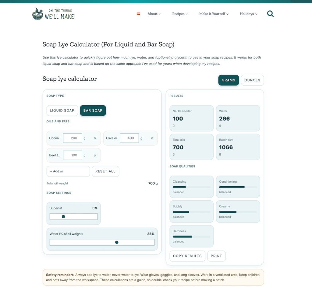 Screenshot of the Oh, The Things We'll Make! lye calculator, showing fields for oil amounts and lye type, along with results for required lye, water, and total batch amounts.