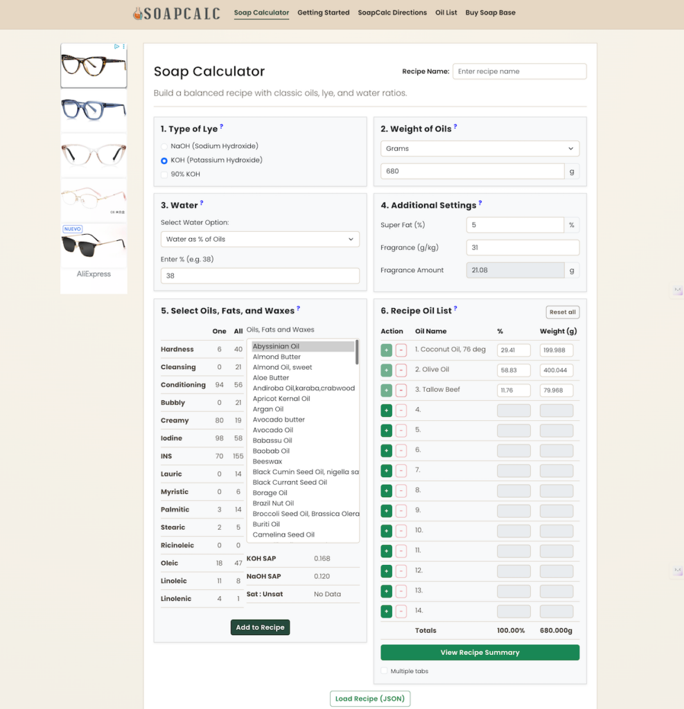 Screenshot of soapcalc lye calculator web page showing input fields for water type, oil weight, water ratio, additional settings, and a recipe oil list with quantities.