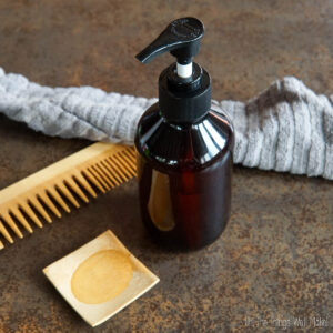 homemade daily shampoo in a brown pump bottle