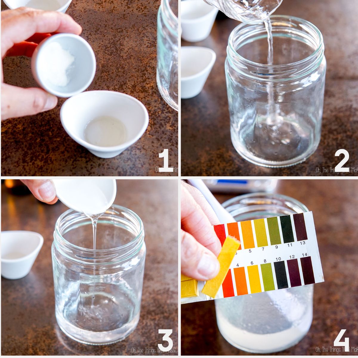A 4 photo collage showing the step-by-step process of how to make a daily use shampoo.