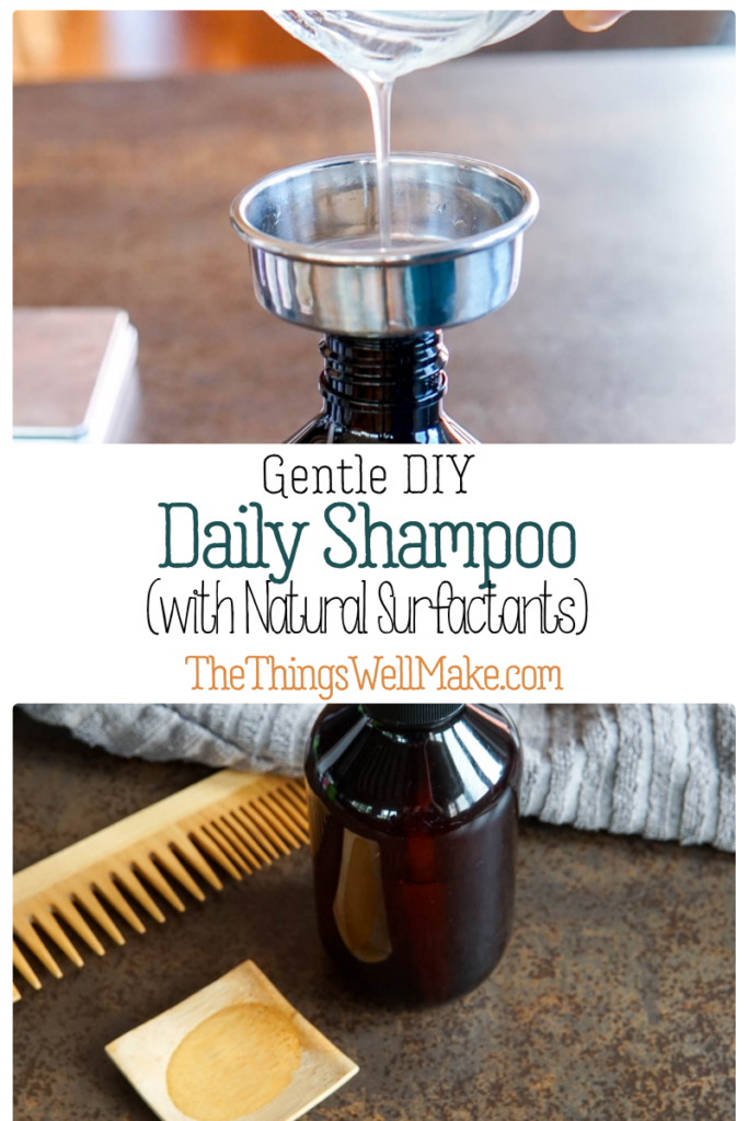 A clear liquid is poured through a funnel into a brown bottle; below, the filled bottle sits next to a wooden comb and soap on a countertop. Text reads "Gentle DIY Daily Use Shampoo.