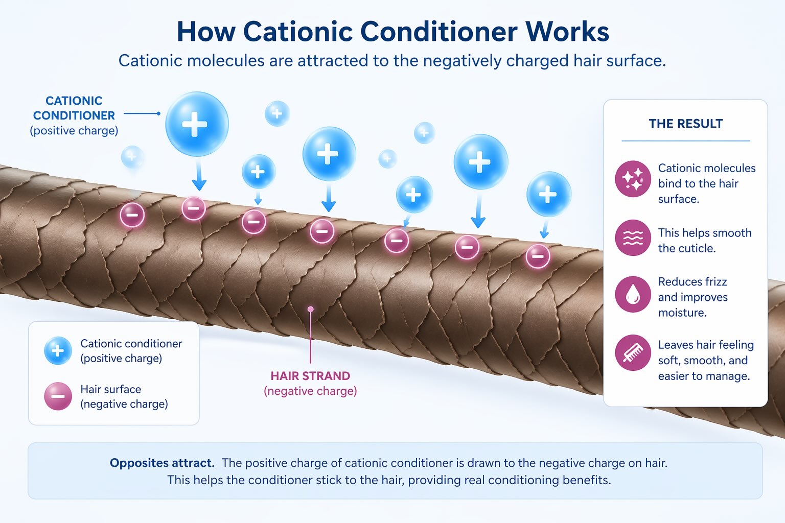 Diagram showing positively charged cationic conditioner molecules and natural surfactants attaching to a negatively charged hair strand surface, with benefits like smoothing, frizz reduction, and softness listed.